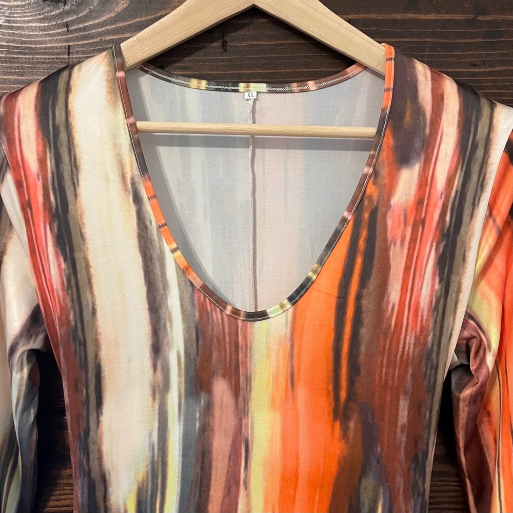 Abstract Stripe Maxi Dress Womens XL Orange Brown Long Sleeve Boho 70s Artsy - Picture 10 of 10